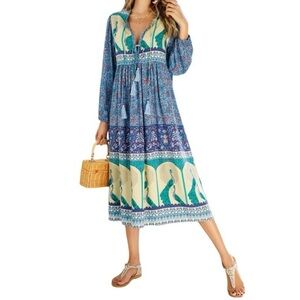 R. Vivimos Size XL 16 18 Blue Floral Print Long Sleeve V Neck Tassel Midi Dress